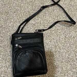 Krediz Black Leather Multi Pocket Crossbody Purse